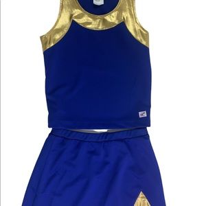 NEW Adult Cheerleader Uniform Metallic Gold Royal Blue 34" Top 26" Waist Lovely